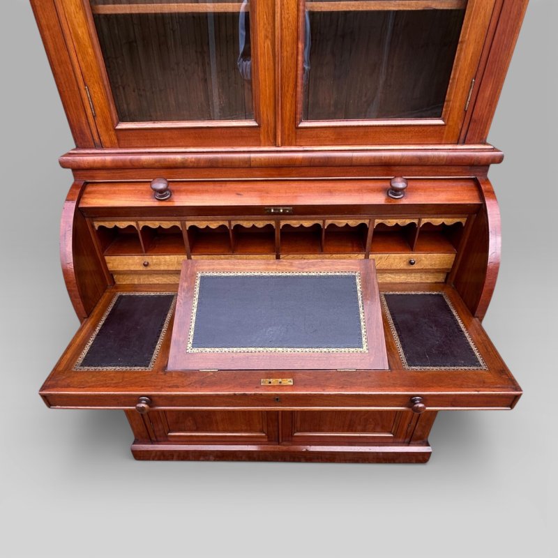 Antique Victorian Walnut Cylinder Bureau Bookcase With Writing Desk & Cupboard - Image 10